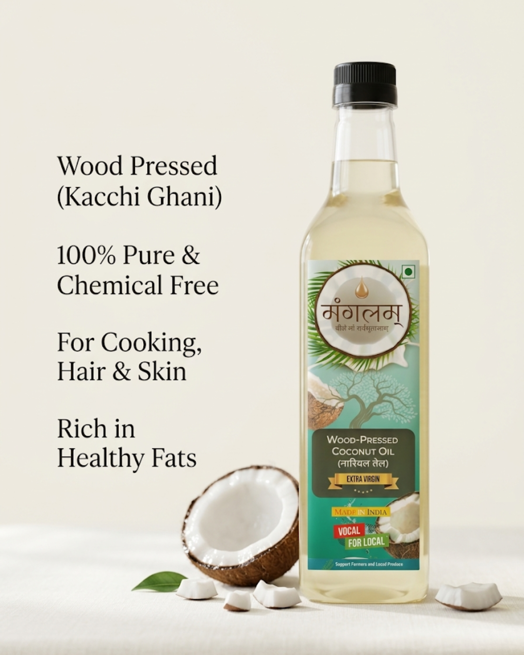 Mangalam Wood Pressed Coconut Oil (Nariyal Tel) – Cold Pressed, Unrefined | 1L