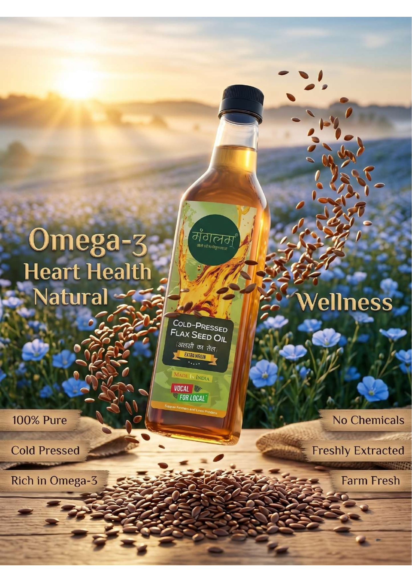 Mangalam Wood Pressed Flaxseed Oil (Alsi Oil) – Cold Pressed, Unrefined | Rich in Omega-3 | 1L